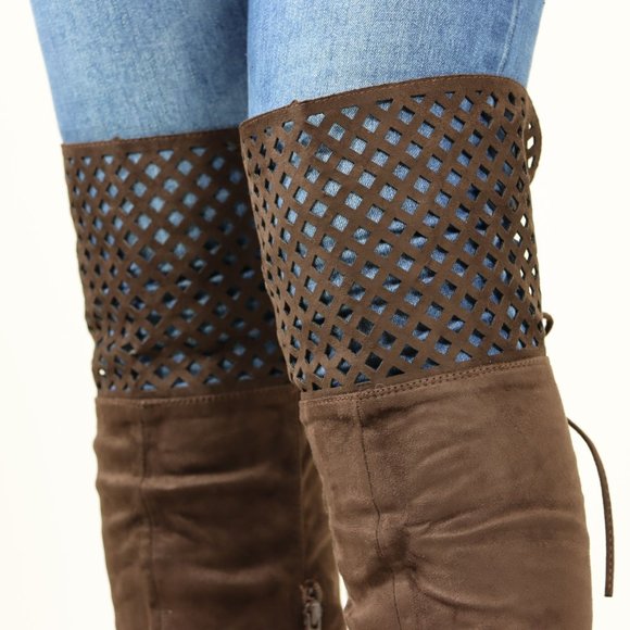 Brown Thigh High Over The Knee Flat Boots Faux Suede - Picture 12 of 14